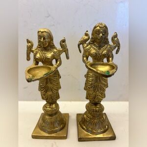 Vintage set solid brass Deepalakshmi, or lady diya, oil lamps.